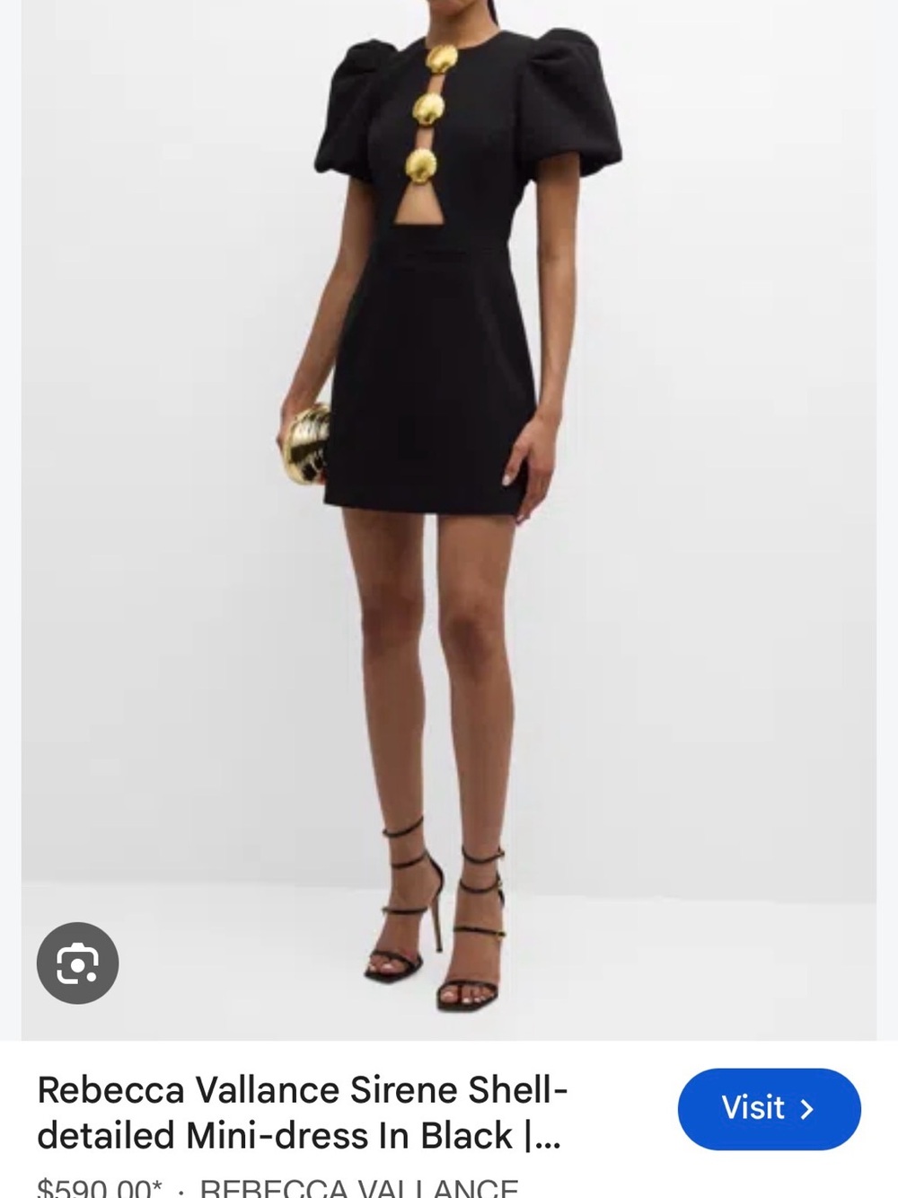 Rebecca Vallance Black Mini Dress with Gold Shell Buttons